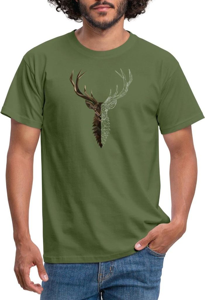 Spreadshirt Hirsch Polygon Skizze Kunst Hirschgeweih Low Poly Männer T-Shirt, S, Militärgrün