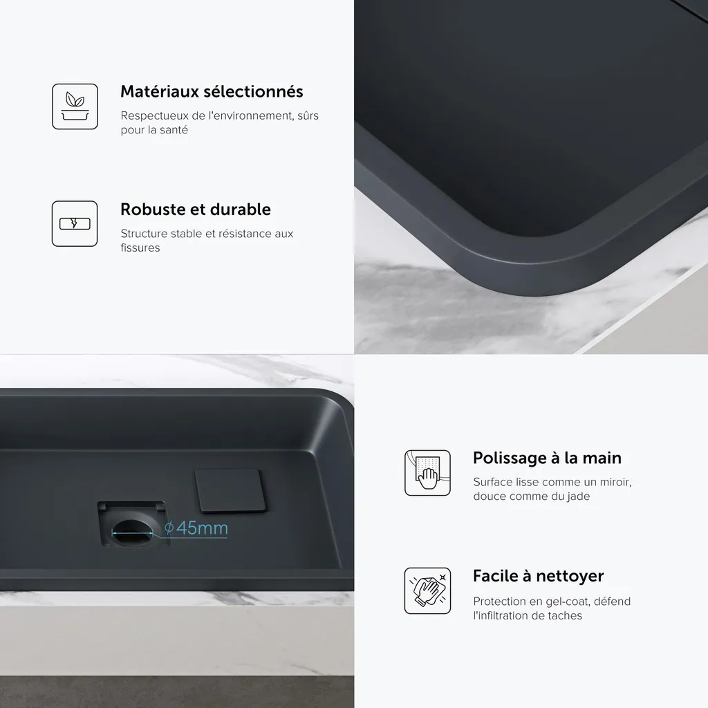 Vasque Anti-Trace Anthracite Mat 53 cm Lavabo à Encastrer Robuste - 6