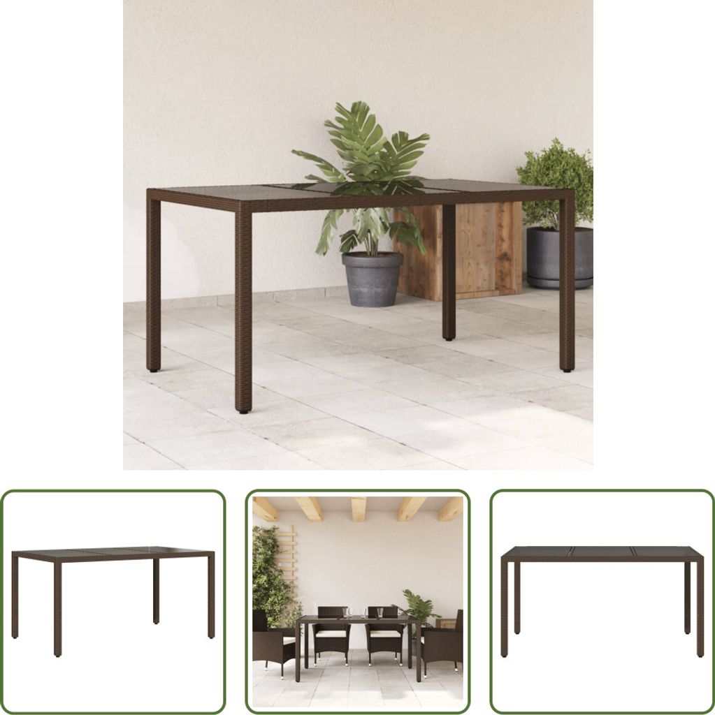 The Living Store Gartentisch mit Glasplatte Braun 150x90x75 cm Poly Rattan