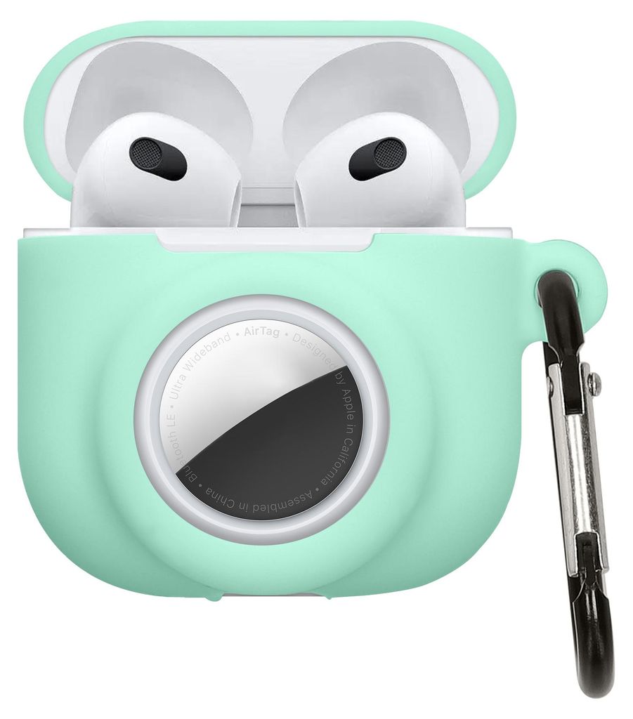 kwmobile 2-in1 Schutzhülle für Apple Airpods 4 Hülle - Kopfhörer Silicon Case kompatibel mit AirTag - stoßfestes Cover mit Karabiner - Mintgrün