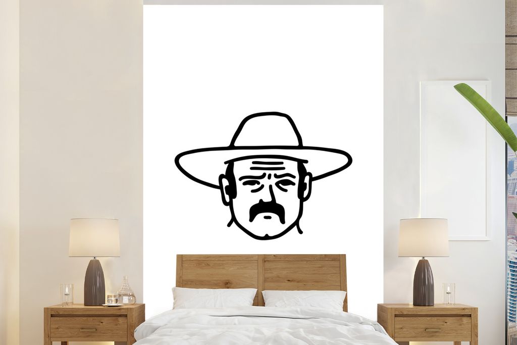 MuchoWow Fototapete für Wohnzimmer oder Schlafzimmer Wandtapete Vinyl Motivtapete Schwarz-weiße Illustration eines Cowboys - 195x300 cm - Das H...