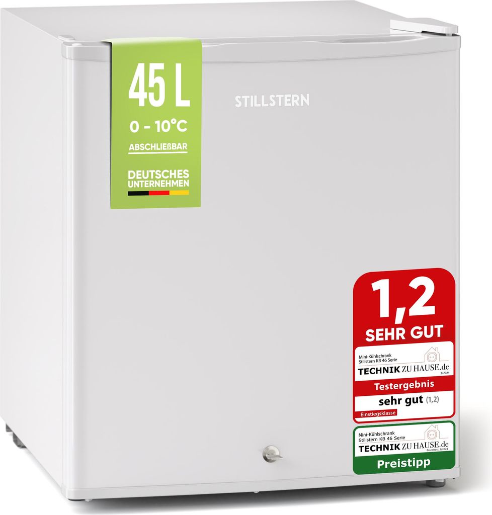 Stillstern Mini Kühlschrank E 45L mit Abtauautomatik, Schloss, Frostfach, Leise, Ideal für Küche, Büro, Schlafzimmer, Hotels und kleine Wohnung...