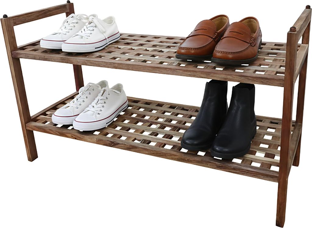 Relaxdays Schuhregal Akazienholz, 6 Paar Schuhe, 2 Schuhablagen, HxBxT: 41 x 69 x 26 cm, stapelbares Schuhgestell, natur