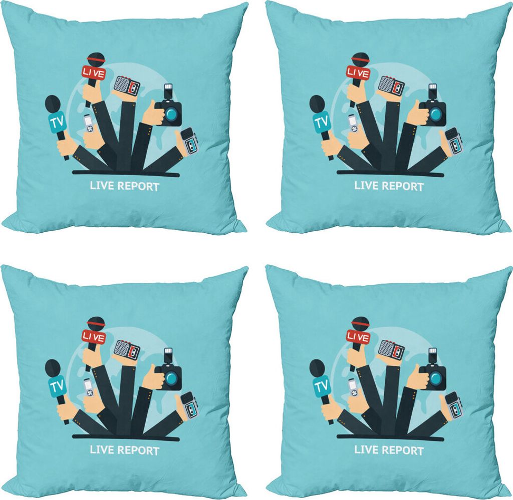 ABAKUHAUS Paparazzi Kissenbezug Set (4 Stück), News Time Live-Reporter, Moderner Doppelseitiger Digitaldruck, 45 cm x 45 cm, Türkis Petrol Blau