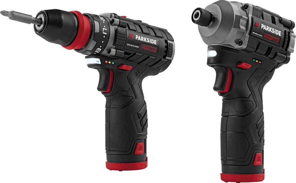 Two cordless power tools, a drill and an impact driver, are displayed side-by-side against a white background.