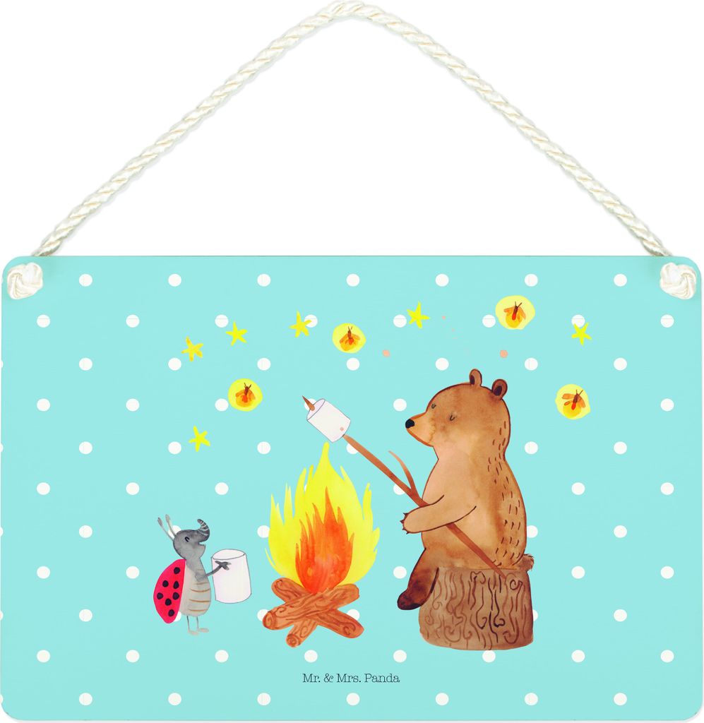 Mr. & Mrs. Panda holzbild Bär & Marienkäfer Lagerfeuer DIN A4 - Blau Pastell - Geschenk, Türschild, Schild, Teddy, Wandbild Holz, wandtafel, Deko