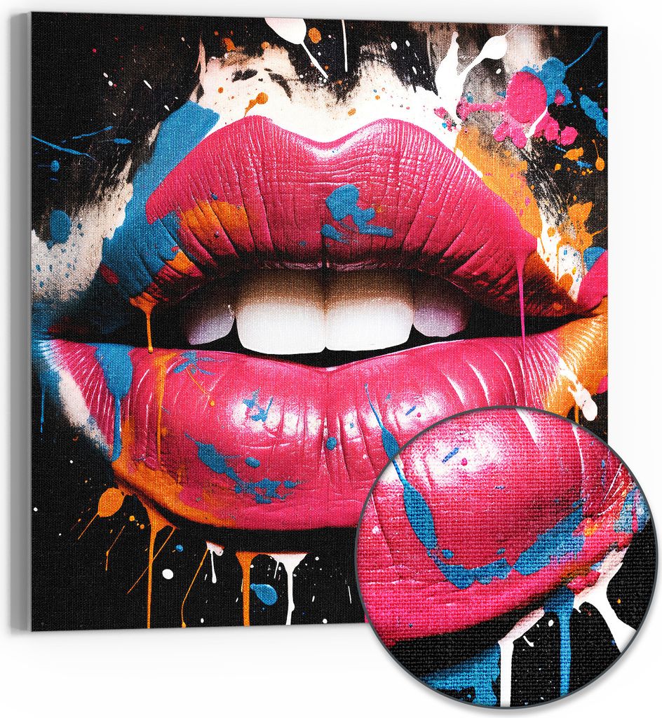 DEQOART Hybrid Leinwand Bild 50x50 cm 'Explosive Lippen' Wandbild Glas flach modern