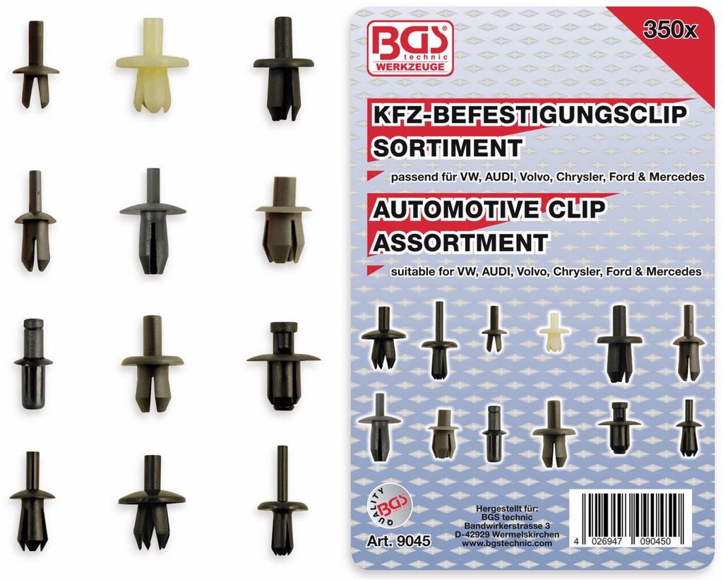 BGS 9045 Kfz-Befestigungsclip-Sortiment für VW, Au di, Volvo, Chrysler, Ford, Mercedes, 350-tlg.
