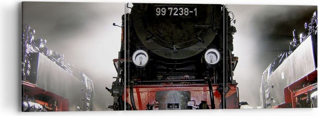 Bild auf Leinwand - Leinwandbild - Dampflokomotive Gleise Nebel - 90x30cm - Wand Bild - Wanddeko - Leinwanddruck - Bilder - Kunstdruck - Wanddekora...