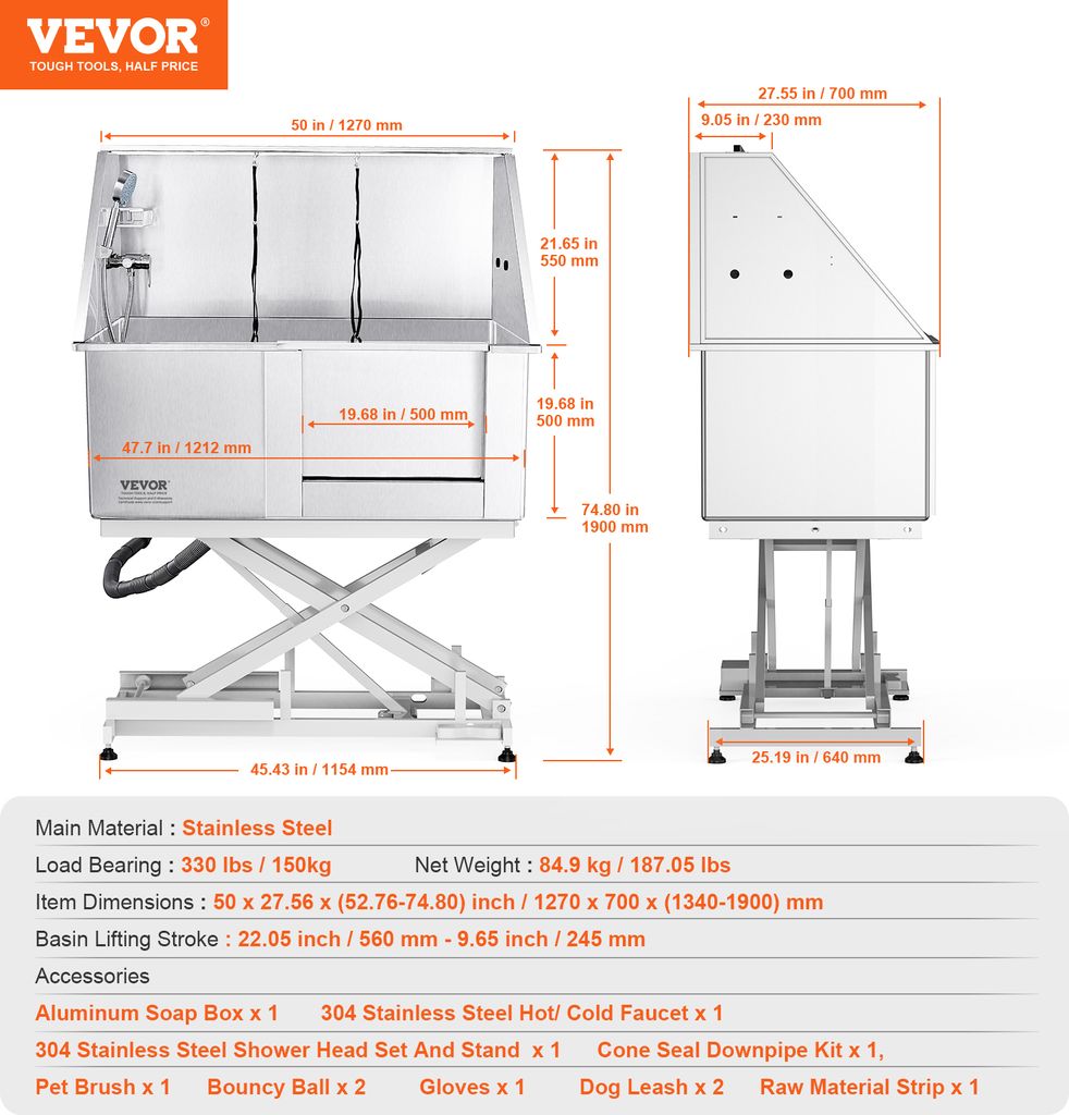 VEVOR Profesionálna vaňa na starostlivosť o psov 127 cm Obrázok produktu 7