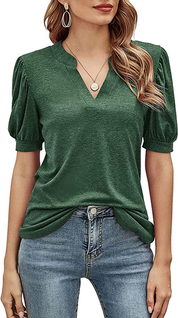 ASKSA Damen T-Shirt V-Ausschnitt PuffäRmel Kurzarm Basic Tshirt Elegant Einfarbig Oberteile, Dunkelgrün, L