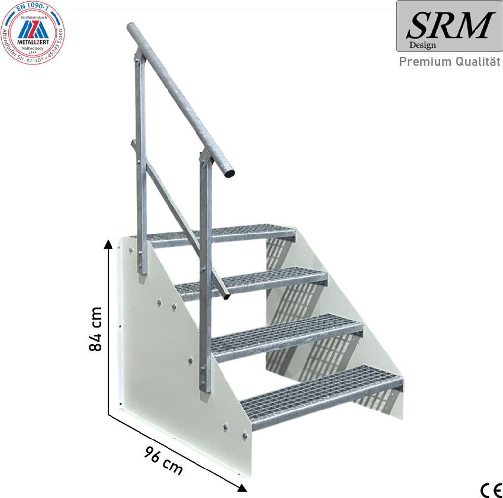 4 Stufen Standtreppe Modell 1 freistehend weiß Treppe Stahltreppe Breite 110 cm Höhe 84 cm mit einseitigem Geländer