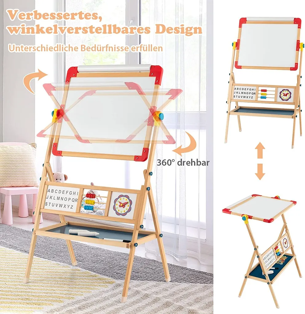 Chevalet d'art pour enfants à double face avec tableau blanc et tableau noir réglable en hauteur - Support en U rotatif à 360° (Rose