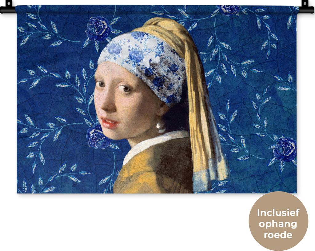 MuchoWow Wandteppich Wandbehang Mädchen mit Perlenohrring - Delfter Blau - Vermeer - Blumen - Gemälde - Alte Meister 60x40 cm Tapisserie Dekora...