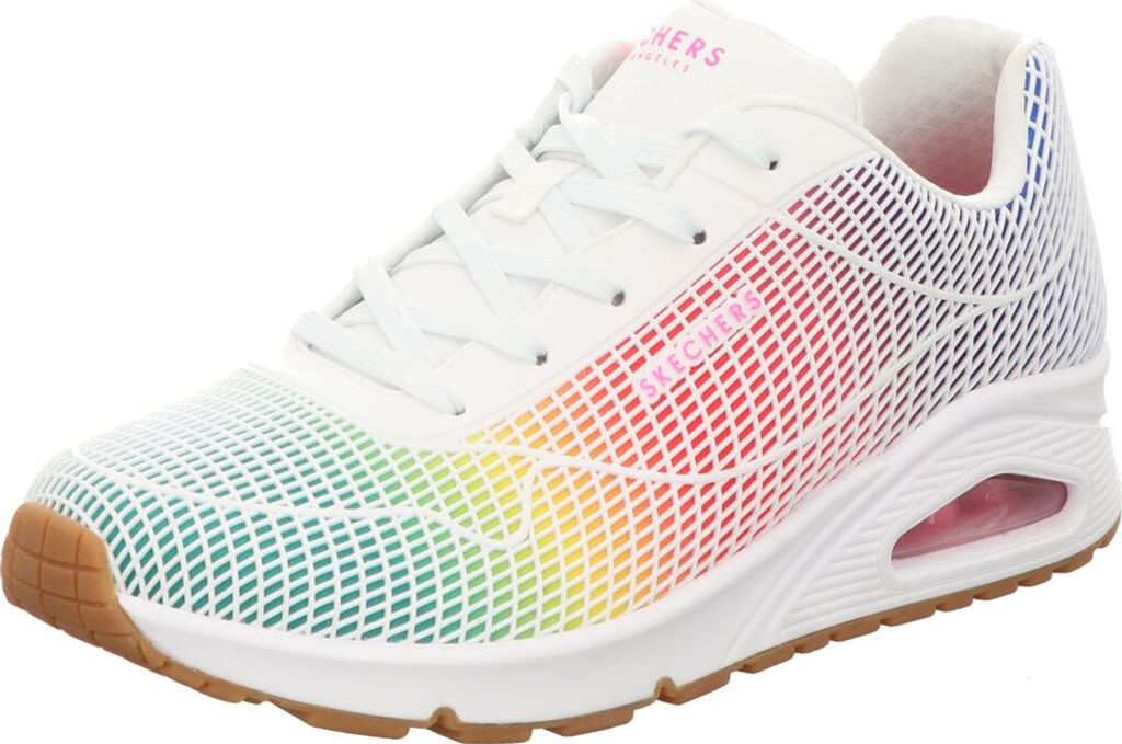 A single white sneaker with a rainbow-colored grid pattern on the side and toe.