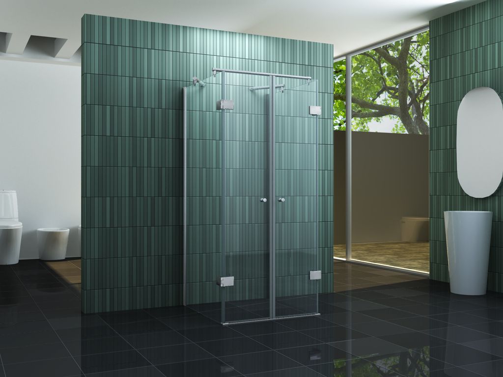 A modern bathroom with a glass shower enclosure, green tiled walls, a sink, and a toilet.