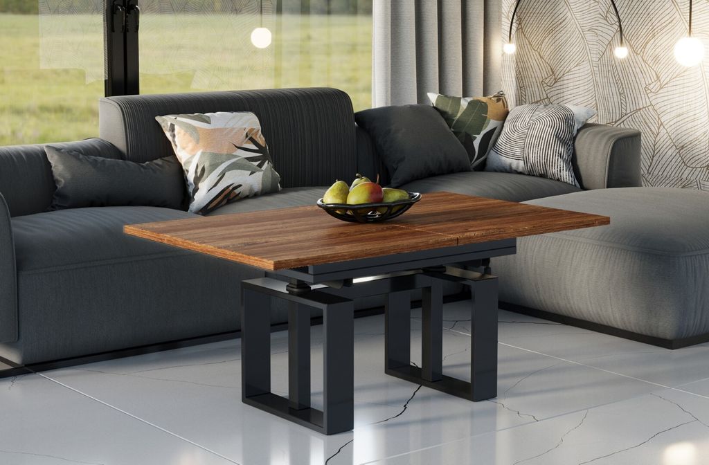 A living room scene with a modern sectional sofa and a wooden coffee table in the foreground.