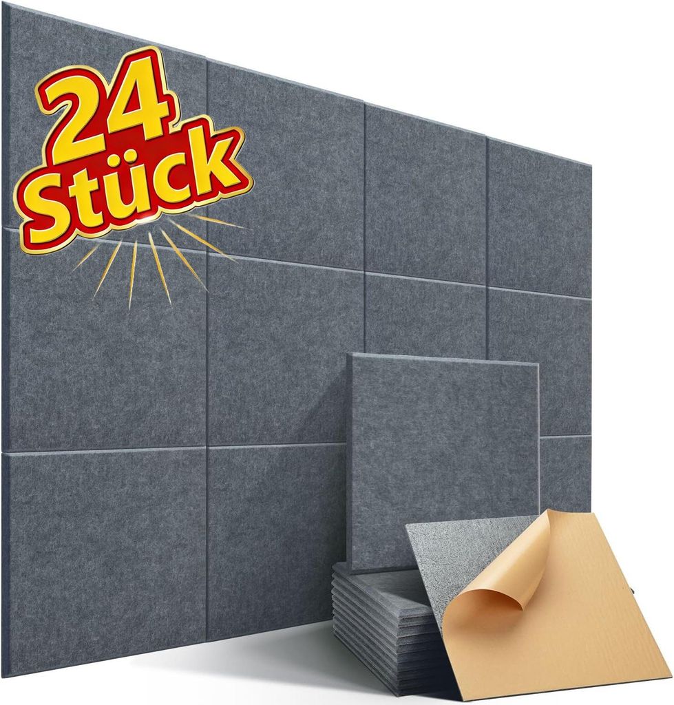 Akustikplatte 24 Stück Akustikplatten Selbstklebend, Hohe Dichte Wandpaneel, 30*30cm,Geeignet für glatte Wandoberflächen, Grau,Dämmungen