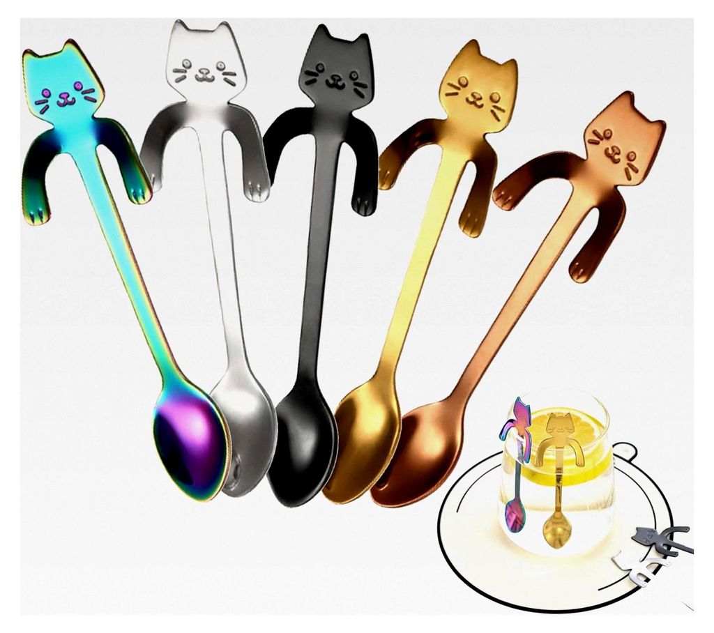 5 Stück Kaffeelöffel im Katzenstil, Teelöffel und Dessertlöffel aus Edelstahl, mit hängendem Design für Milchshakes, Desserts und Kaffee (5 F...