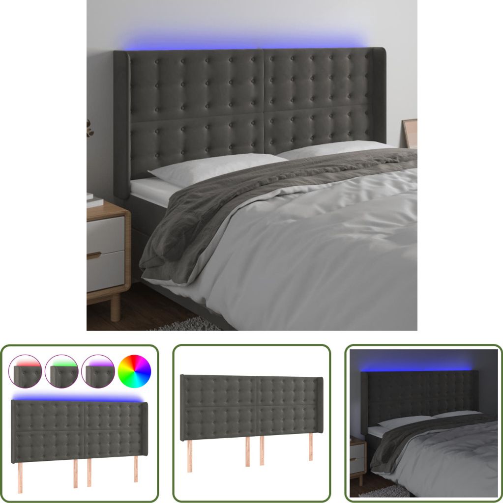 The Living Store LED Kopfteil Dunkelgrau 183x16x118/128 cm Samt
