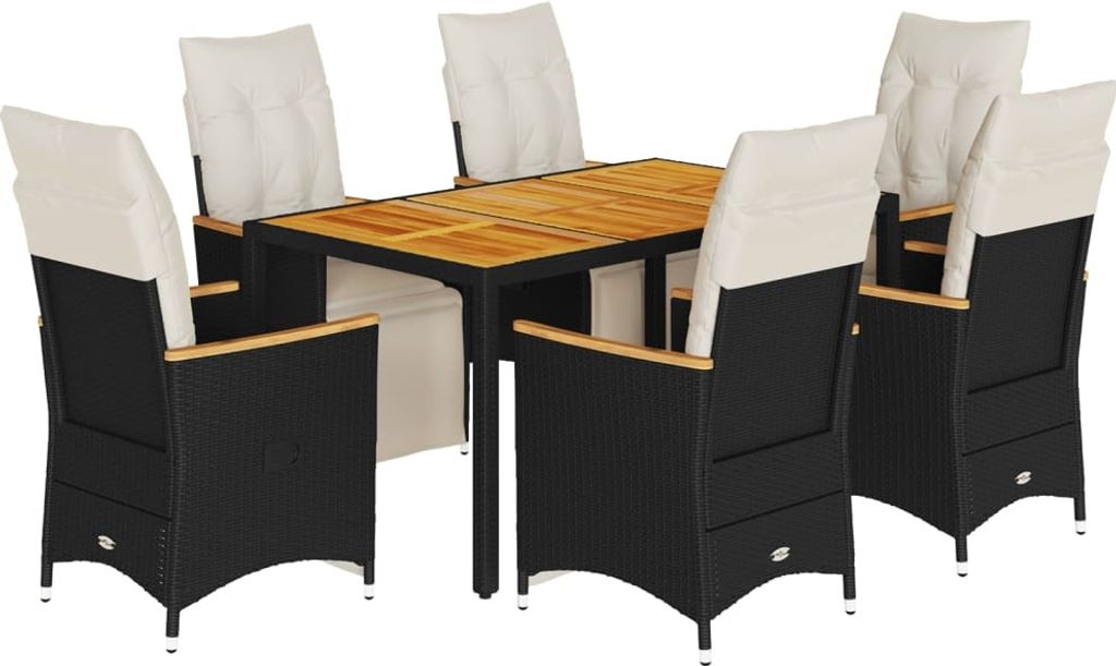 vidaXL 7-tlg. Garten-Bistro-Set mit Kissen Schwarz Poly Rattan