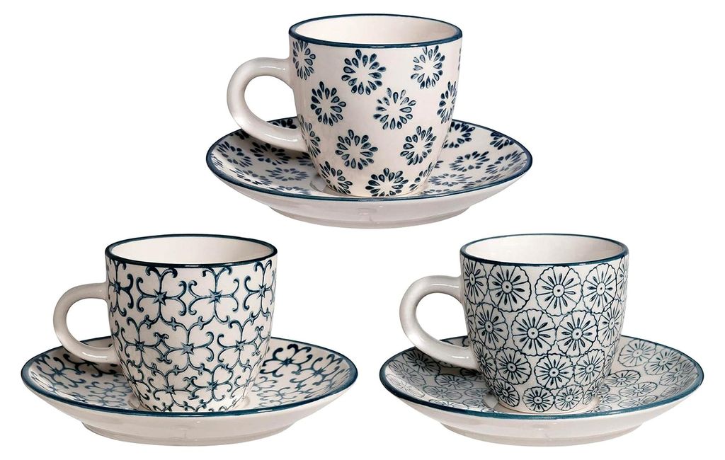 Espressotassen Kristina Retro mit Untertasse, dickwandig, blau, Keramik, 3er Set, fasst ca. 80 ml