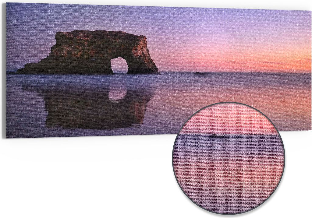 DEQORI Hybrid Leinwand Bild 150x60 cm 'Abendlicher Felsbogen' Wandbild Glas flach modern