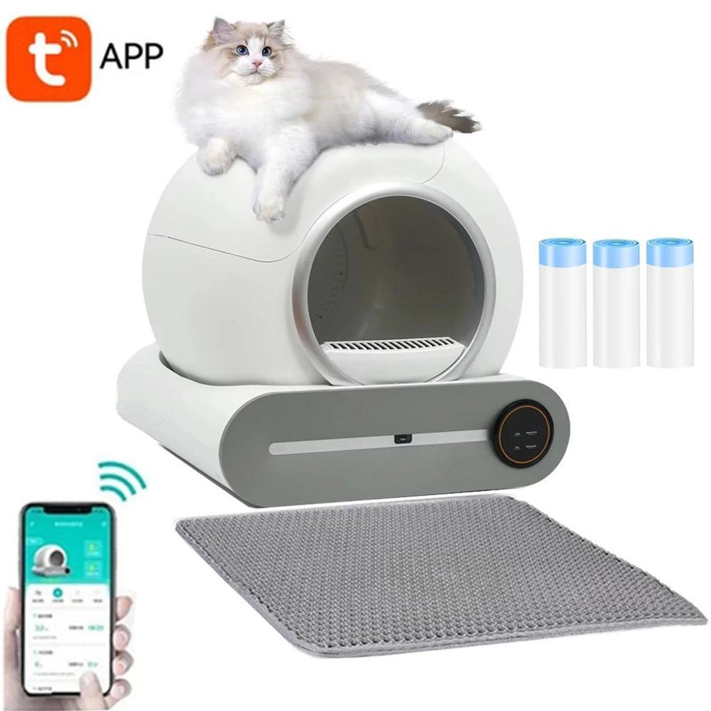 Katzenklo - Selbstreinigend automatisch - 65 l Kapazität - App-Steuerung - Halbgeschlossenes Design - Mit Streumatte - 3 Rollen Müllbeutel