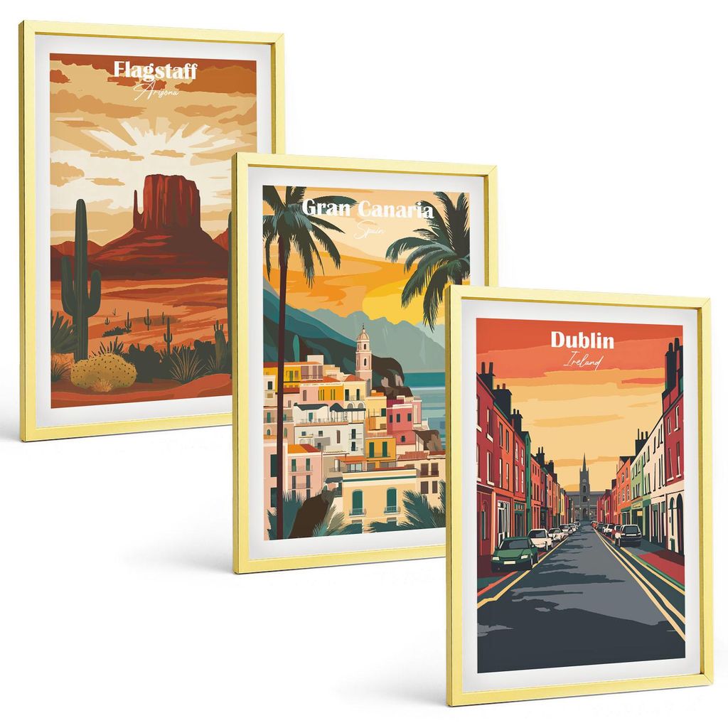 Bilder Set 3-teilig im Goldrahmen Rahmen – Wandbilder 3 Stück – gerahmte Poster für Wohnzimmer, Schlafzimmer und Flur – 40x60 cm – Landsc...