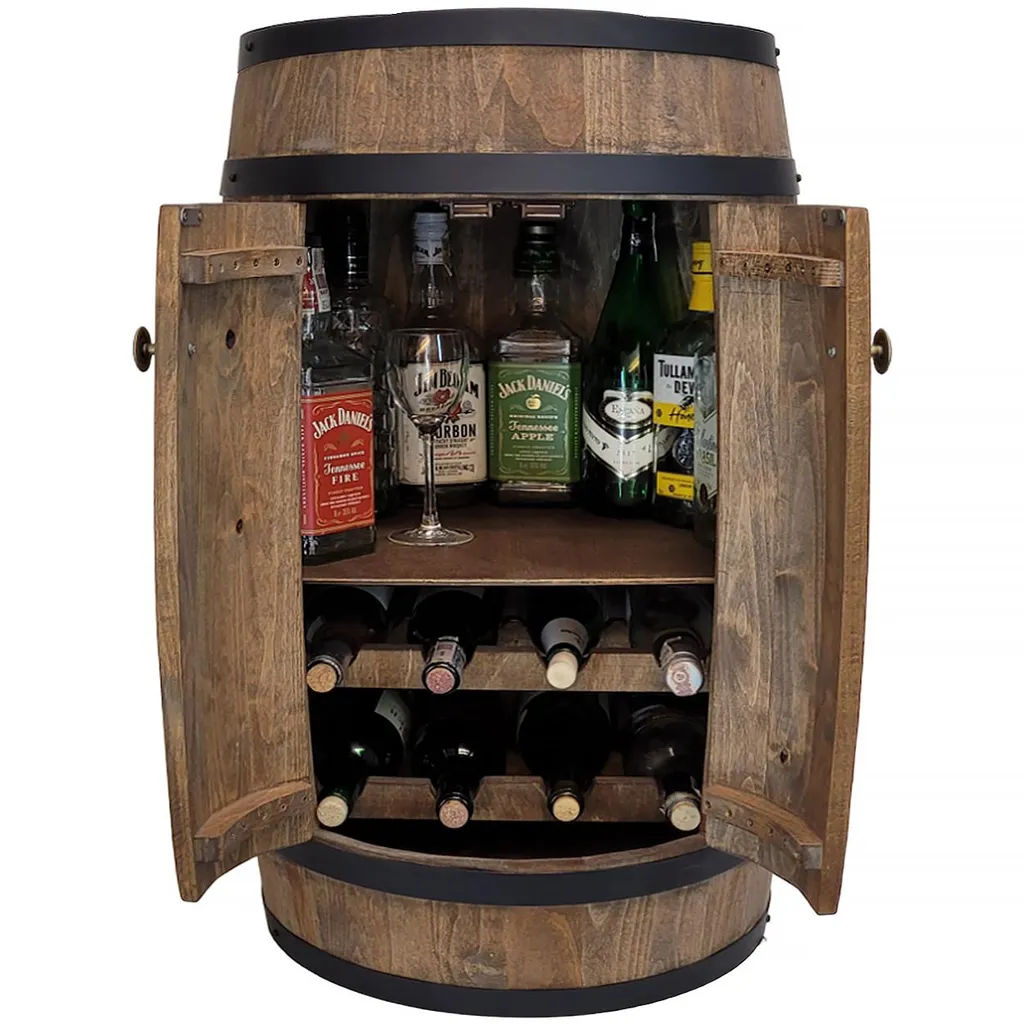 Meuble bar tonneau wengé 80cm avec rangement bouteilles et porte