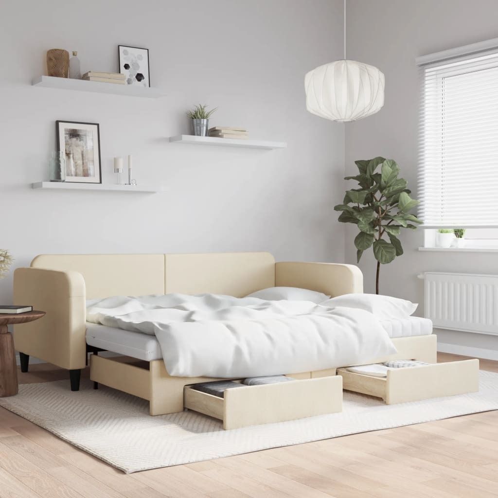 "Rabatt" Tagesbett Ausziehbar - 2-in-1-Tagesbett - mit Schubladen Creme 90x200 cm Stoff - Klassische Betten CC8465