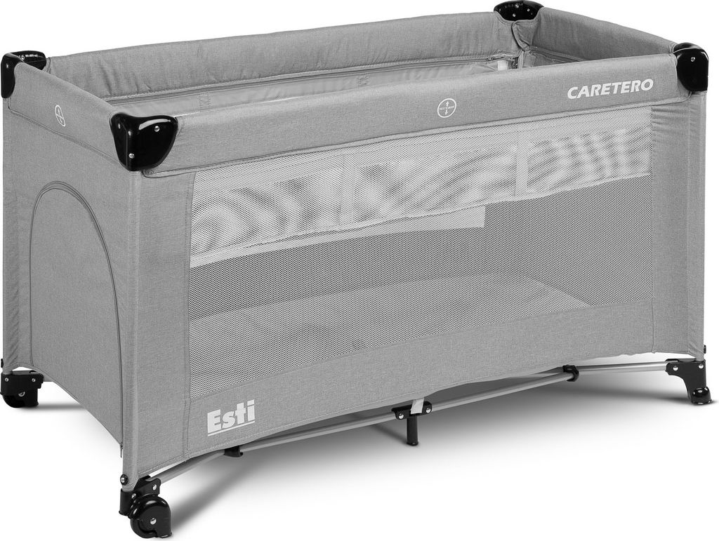A gray travel crib with a mattress is shown from a slightly elevated side angle on a white background.