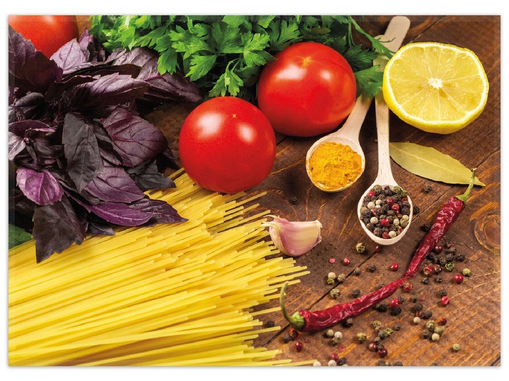 Wallario Premium Teppich, Größe 50 x 70 cm, Italienisches Menü mit Spaghetti, Tomaten, Basilikum und Gewürzen