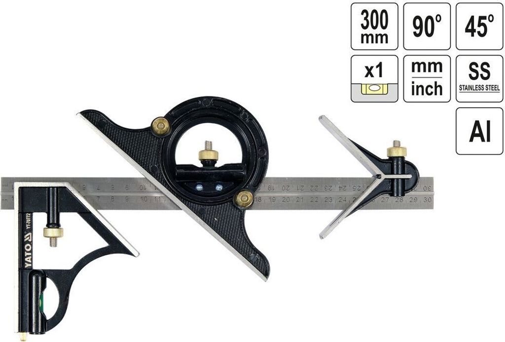 A set of combination squares and a protractor head are laid out on a white background, with informational text boxes in the upper right corner.