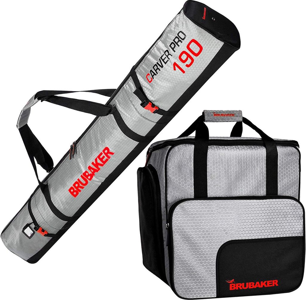 BRUBAKER Kombi Set CarverTec Pro - Skisack 190 cm und Skischuhtasche für 1 Paar Ski + Stöcke + Schuhe + Helm - Silber Rot