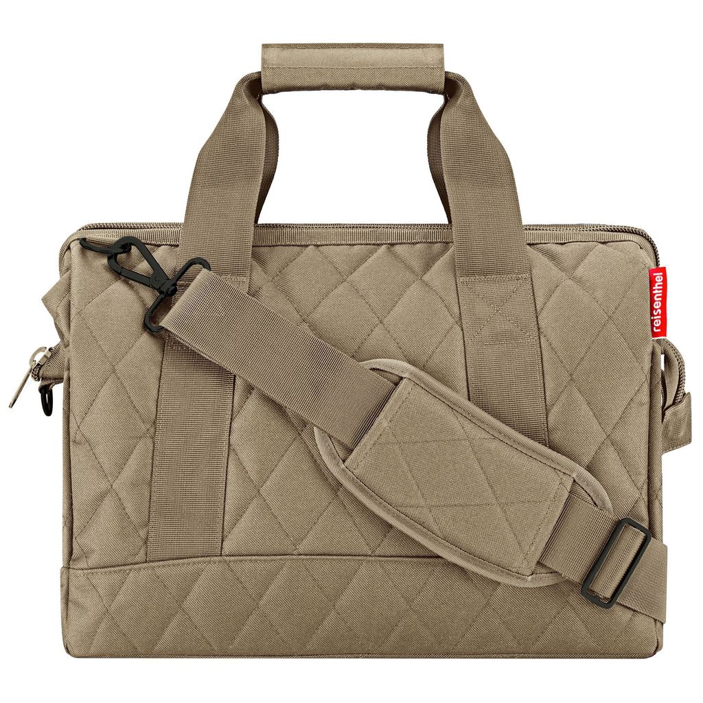 A quilted olive-colored duffel bag with handles and a shoulder strap.