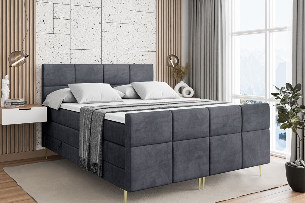 ALTDECOR Boxspringbett mit Gold Füßen, Matratze und Lattenrost, Topper, Fußteil, Polsterbett mit Bettkasten, Bett mit Stauraum H3- und H4- Matra...