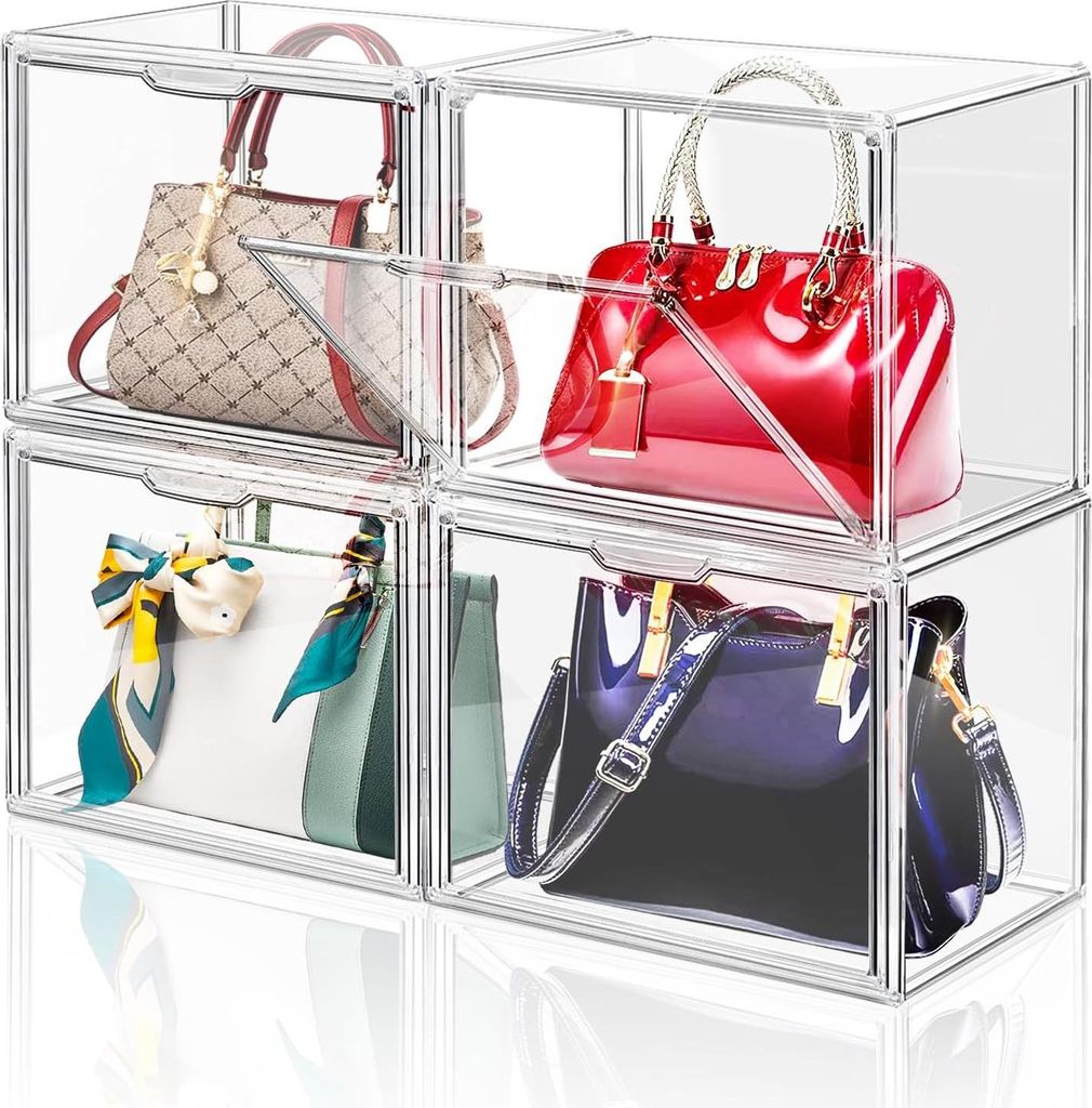 4 Packungen transparente Kunststoff-Handtaschen-Aufbewahrungs-Organizer für Schrank, Acryl-Displaybox für Handtasche, stapelbare Aufbewahrungsbox...