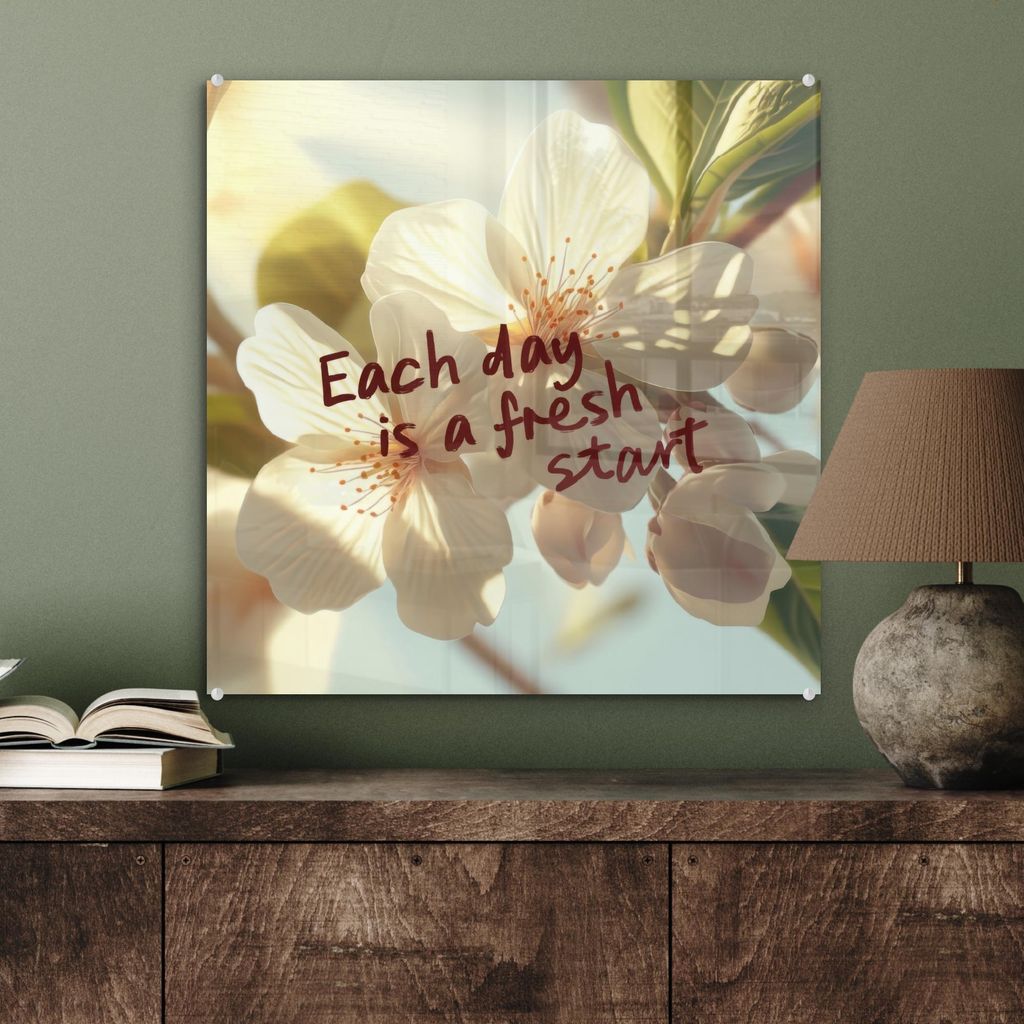 MuchoWow Glasbilder - Bilder auf Wandbild - Foto auf Glas Blüten - Sonnenlicht - Zitat - Weiß 50x50 cm Wanddekoration aus Glas - Acrylglasbild - ...