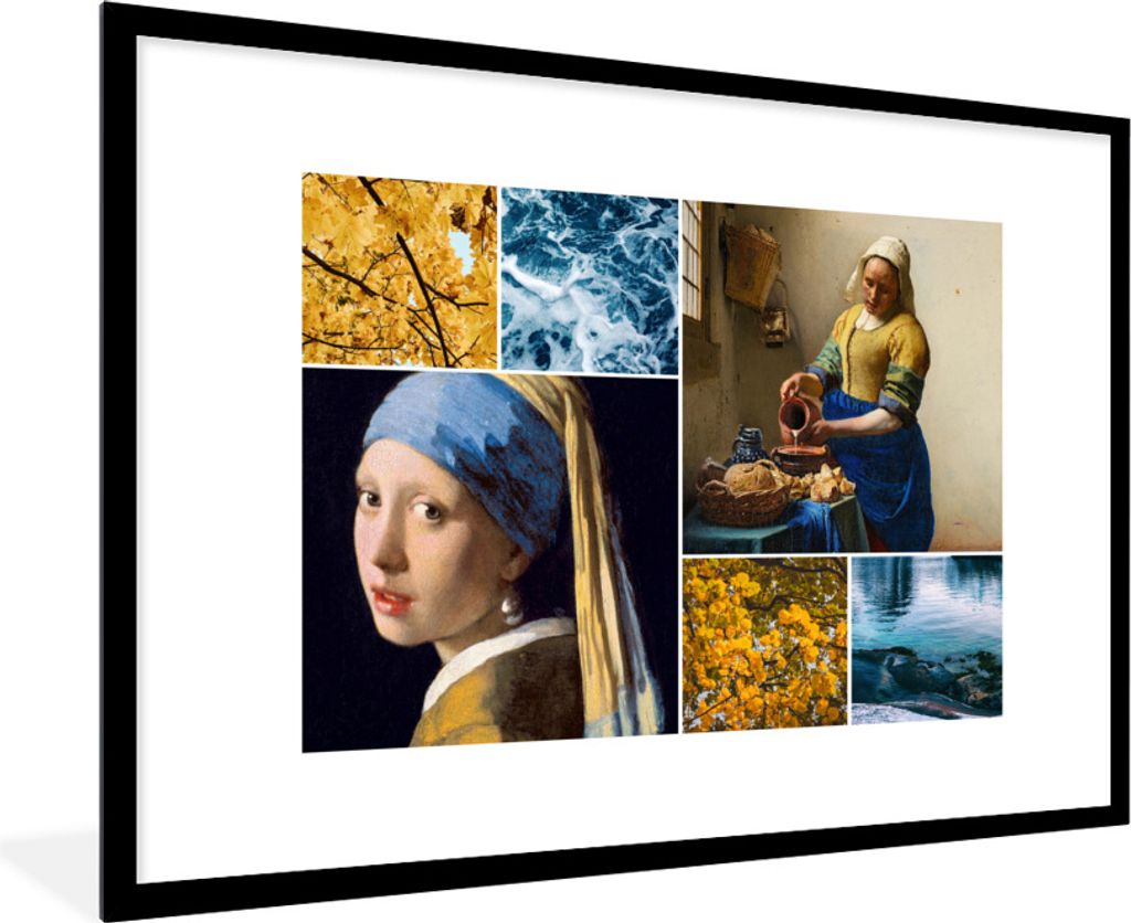 MuchoWow Gerahmtes Poster Vermeer - Collage - Milchmädchen 90x60 cm - Poster mit Schwarzem Bilderrahmen Wandposter Rahmen Foto Bilder - Wanddeko...