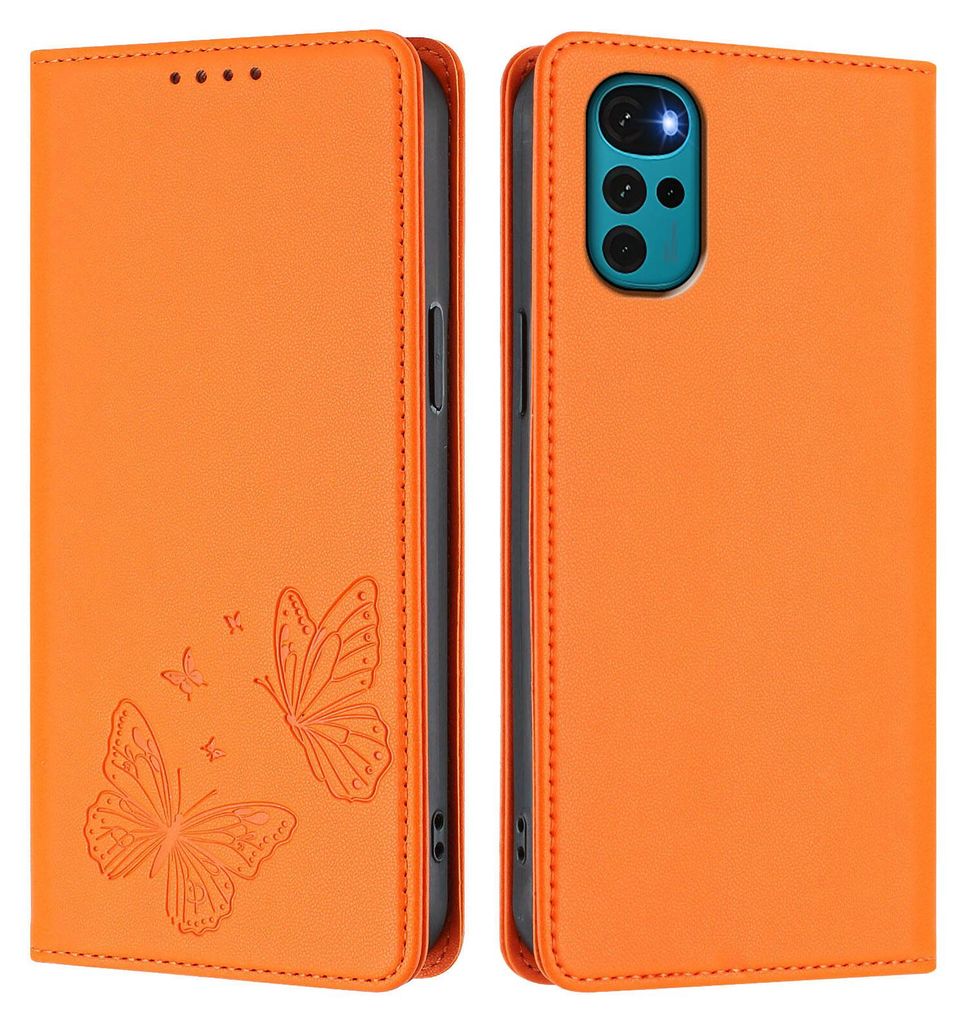 Lederhülle für Motorola Moto G22 / Moto E22s, Schmetterling Prägung Leder Brieftasche Schutzhülle mit Ständer Orange
