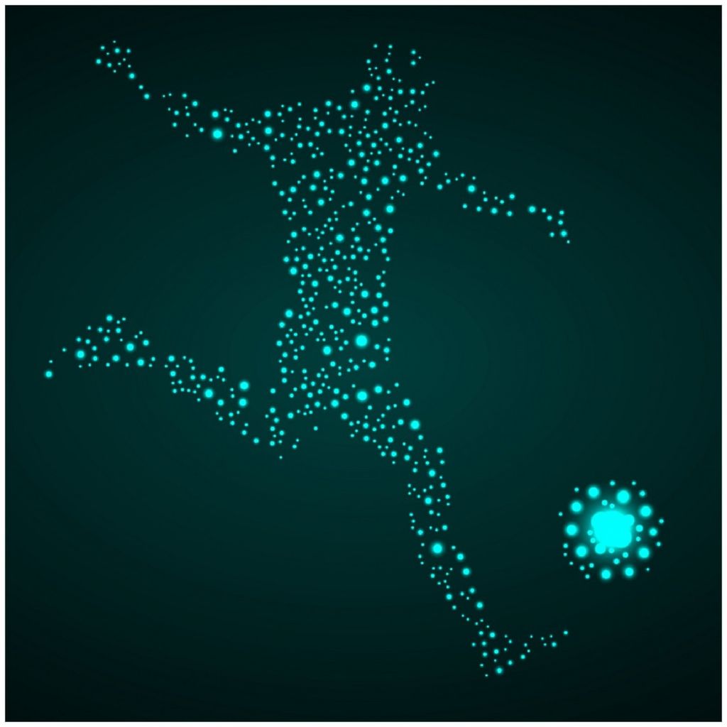 Wallario Premium Glasbild, freischwebende Optik, kräftige Farben, Größe 30 x 30 cm Motiv Fußball - ein Spieler aus tausend Sternen in türkis