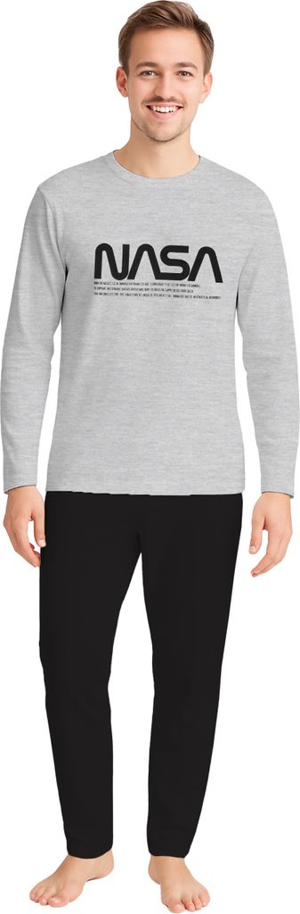 NASA Schlafanzug für Herren Pyjama Set Langarm Oberteil mit Hose Grau/Schwarz XL