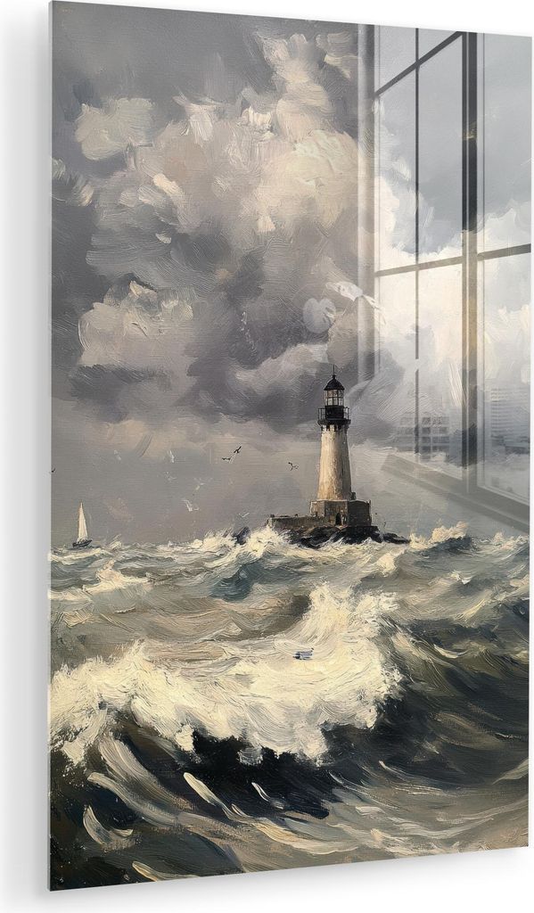 MuchoWow Glasbilder - Bilder auf Wandbild - Foto auf Glas Leuchtturm - Wellen - Sturm 20x30 cm Wanddekoration aus Glas - Acrylglasbild - Acrylbilde...