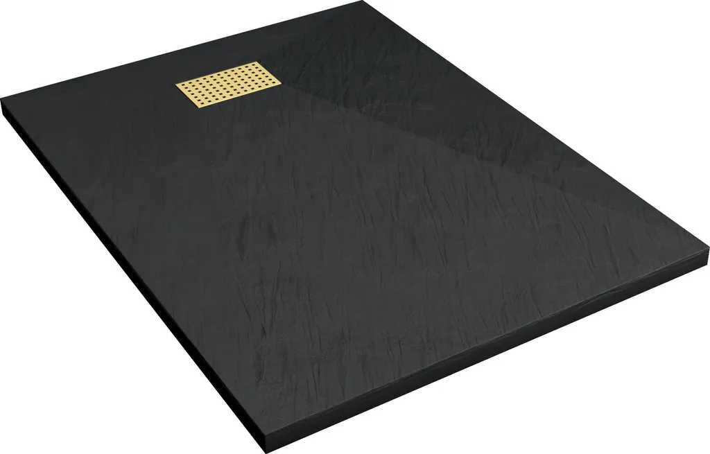 Bac à douche rectangulaire 90x120 noir ardoise et bonde design or brossé