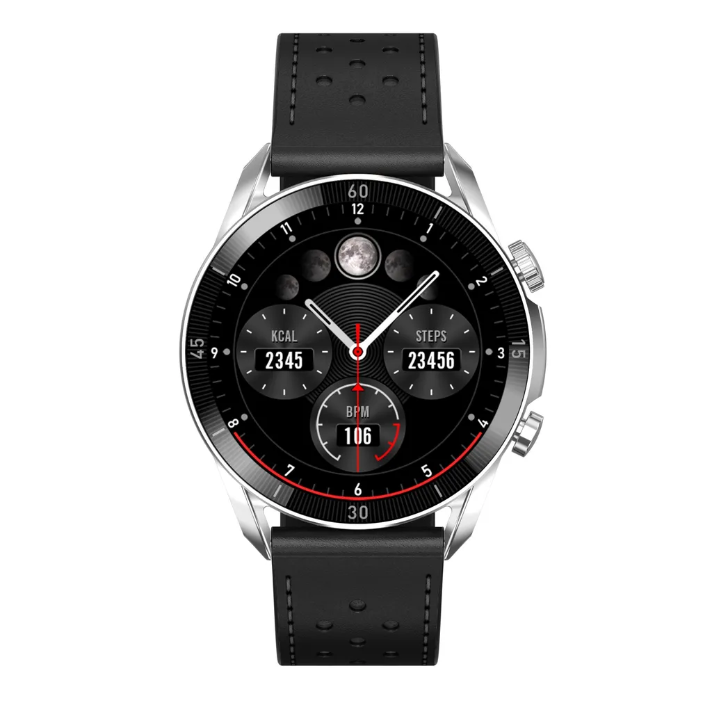 Montre connectée chic Garett V10 cuir noir et boîtier métal argent