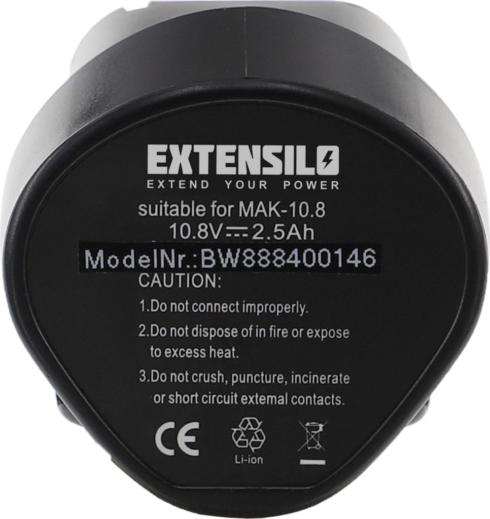 EXTENSILO Akku kompatibel mit Makita LC01ZX, JV100DZ, JR102DWE, JV100, JR102DZ, JV100DW, LCT204, LC01Z, LC01 Werkzeug (2500 mAh, Li-Ion, 10,8 V)