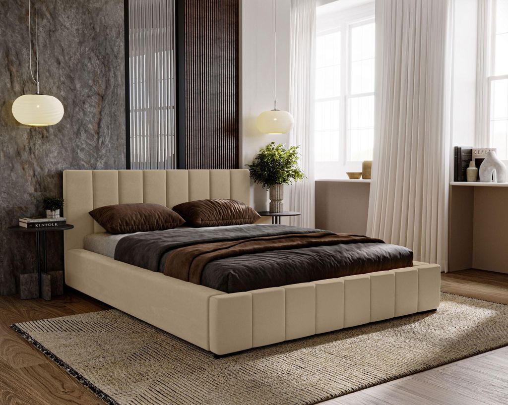 Polsterbett 180x200 für das Schlafzimmer DIANA mit Stauraum und Lattenrost, Kopfteil und gepolsterter Korpus, hellbeige ( Amor Velvet 4304 )