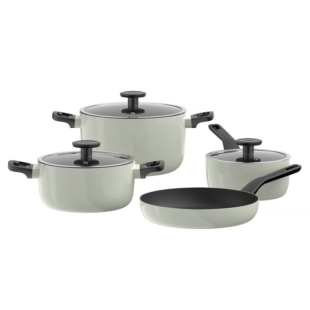 BergHOFF Leo 7-teiliges Kochtopf-Set, Antihaft-Keramikbeschichtung, Induktion, recyceltes Aluminium, grün, Glasdeckel, Antirutsch-Griffe