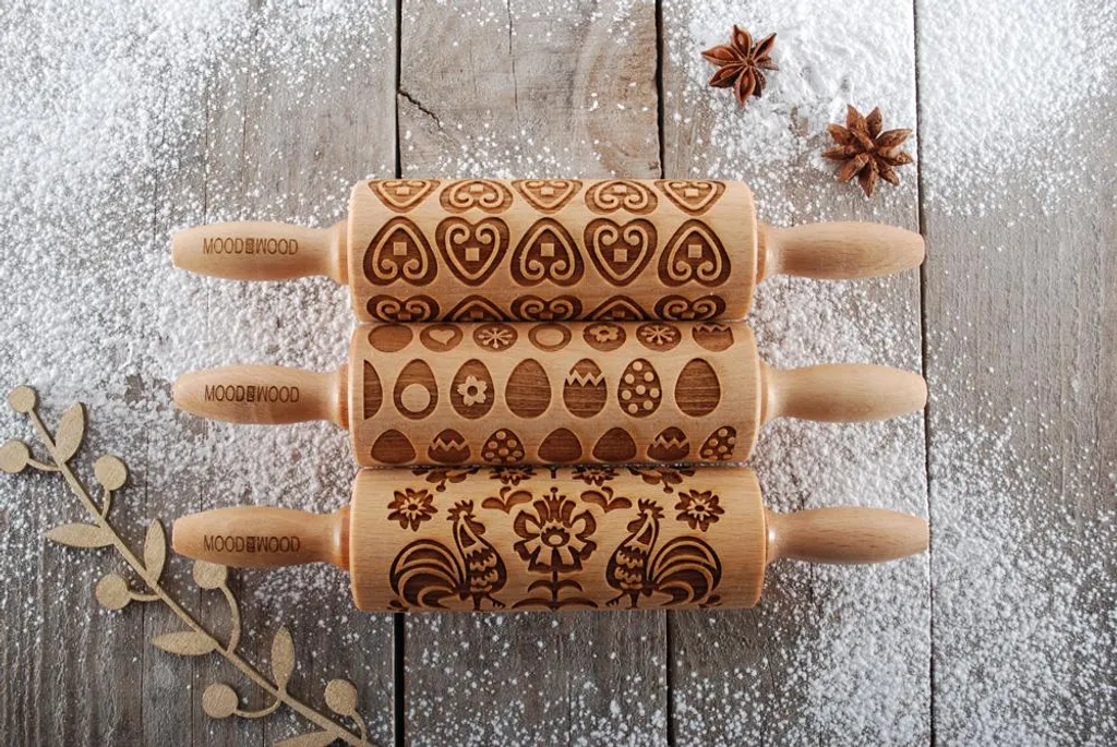 MoodForWood mattarello in legno, 25 cm, con manici, set di 3, inciso, perfetto per la pasticceria - motivo pasquale